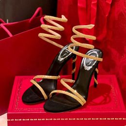 Rene Caovilla stiletto sandals decorative Crystals 95mm Pearl Rhinestone decorate Ring Wedding Dress Heels evening party womens high heels designer factory shoes