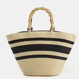 Totes Fashion casual Women's bag shoulder Colour matching striped str tote Bamboo handle handbag PP grass wovencatlin_fashion_bags