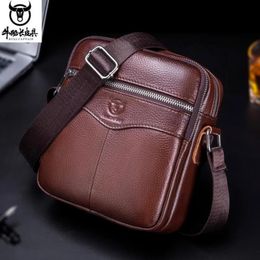BULLCAPTAIN 100% Genuine Leather Men Shoulder bag husband causal Crossbody Bags Small Brand double Zipper Messenger Bags 240109