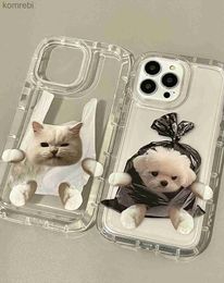 Cell Phone Cases Korean Cute Cat Dog Phone Case For iPhone 15 14 13 11 12 Pro Max 7 8 Plus X XR XS Soft TPU Wallet Case Back Cover Camera ProtectL240110