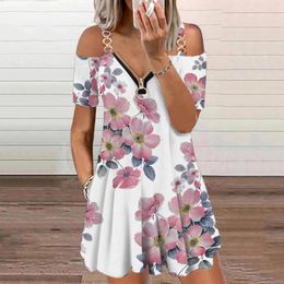 Casual Dresses Women Cold Shoulder Short Sleeve V Neck Zipper Dress Print Shirt Summer Beach