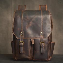 Backpack Genuine Leather Men's Travel Bag Outdoor Mountaineering School With Laptop Compartment Dull Brown