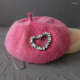 Berets 2024 Elegant Rhinestone For Women Fluffy Angola Winter Hat Hick Artist French Beret Painter Girls