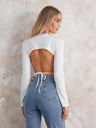 Women's T Shirts Wsevypo Backless Tie-up White T-Shirts Casual Long Sleeve O Neck Crop Tops Street Sporty Slim Fit Pullover Tees