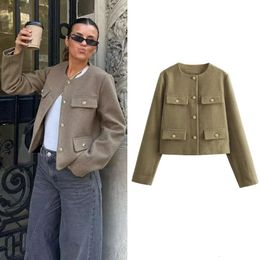 TRAF Cropped Jacket For Women Coat Autumn Winter Crop Tweed Round neck Long sleeved demiseason Bomber Outerwears 240110