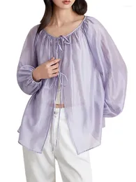 Women's Trench Coats Oversize Cardigan Jacket 2024 Spring Fashion Casual Lavender Lyocell Shirt Thin Lace Up Silk Blouse Tops Black White