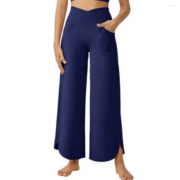 Women's Pants Wide Leg High Elastic Waisted Casual Straight Cotton And Linen Cropped Solid Daily Home Yoga Exercise