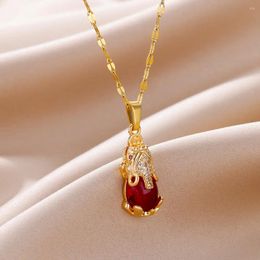 Pendant Necklaces Red Glass Stone Pixiu Necklace For Women Natural Opal 2024 Trend Wedding Party Stainless Steel Jewellery Gift