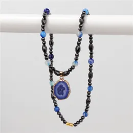 Pendant Necklaces Blue Mineral Specimen Agate Slice Necklace Natural Stone Agates Hematites Beads For Women Men Vintage Jewelry