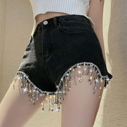 Calças de brim shorts quentes sexy calças de brim curtas mulheres borlas prego diamante shorts oco para fora bandagem punk cintura alta magro preto denim shorts feminino