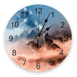 Wall Clocks Night Sky Animal Wolves Howling Clock For Home Decoration Living Room Quartz Needle Hanging Watch Modern Kitchen