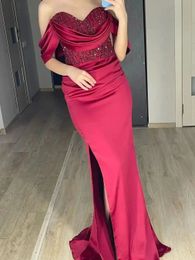 2024 Burgundy Satin Mermaid Evening Dress For Women Sleeveless Off Shoulder Sequins Sweetheart Long Prom Formal Party Gowns Robe De Soiree