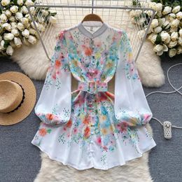 Casual Dresses French Vintage Half High Collar Print Puff Sleeves Long Elegant Single Breasted Dress Women Fashion Autumn