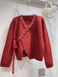 Women's Knits Lazy Style V Neck Red Sweater Autumn Winter 2024 Heavy Work Beading Loose Tie Cross Lace Up Knit Tops Solid Coat X614