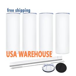 USA CA warehouse 20oz double wall sublimation blanks mugs Stainless Steel Tumblers with Straw and lid 0111
