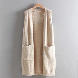 Women's Vests Sleeveless Knitted Vest 2024 Solid Loose Long Coat Female Autumn Women Korean Fashion V-Neck Sweater Cardigan Outerwear