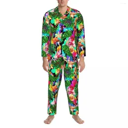 Men's Sleepwear Flamingo Print Pyjama Sets Cute Soft Male Long-Sleeve Vintage Night 2 Pieces Nightwear Plus Size 2XL