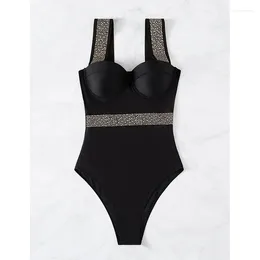 Women's Swimwear Sexy Push Up Women Rhinestone Decor Swimsuit One Piece 2024 Solid Bodysuit Underwired Bathing Suits