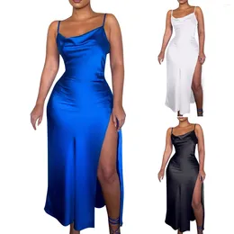 Casual Dresses Ladies Solid Colour Pleated Suspenders Glossy Side Slit Dress Com Cocktail For Women