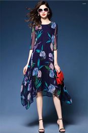 Party Dresses 2024 Print Floral Spring Summer Dress Women Silk Chiffon Ladies Elegant Half Sleeve Loose Casual Vestidos WXF910