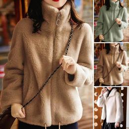 Women's Jackets High Collar Long Sleeve Plush Coat Drawstring Hem Zipper Closure Winter Women Solid Colour Double Sided Overcoat