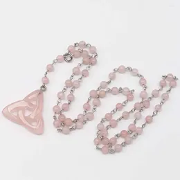 Pendant Necklaces Fashion Natural Rose Quartz Stone Round Beads Openwork Triangle Necklace Charms Jewellery Making Accessorie Wholesale 3Pcs