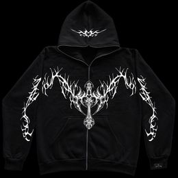 Skull Print Hoodie Men Retro Zip Up Long Sleeve Loose Jacket Coats Harajuku Casual Gothic Hooded Sweatshirt Y2K 240110