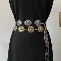 Belts Y2K Style Metal Chain Belt Women Vintage Hollow Western Bohemian Cowboy Accessories Imitation Turquoise Thin