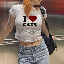 Women's T-Shirt I Love Cats Print Y2k Harajuku O-ne Short Sleeve Crop Top T-shirtsyolq