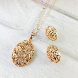 Necklace Earrings Set Hollow Filigree The Flower Of Life Oval Jewelry For Women Gold Color Pendant Stud Jewellery Sale