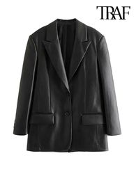 TRAF Women Fashion Faux Leather Loose Blazer Coat Vintage Long Sleeve Flap Pockets Female Outerwear Chic Veste Femme 240110