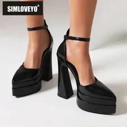 Dress Shoes SIMLOVEYO Women Pumps Pointed Toe Chunky Heels Ultrahigh 14cm Double Platform Hill 5cm Buckle Strap Party Big Size 42 43