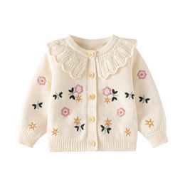 INS Little girls floral embroidery cardigan toddler kids hollow knitted falbala lapel long sleeve sweater outwear 2024 spring children clothes Z6642