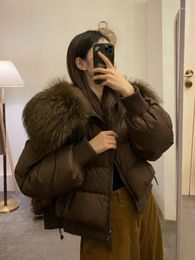 Women's Trench Coats 2024 Winter Puffer Jacket Women Thick Warm Short Parkas Real Natural Raccoon Fur Female Loose 90% White Duck Down Coat