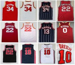 Mens Sport Wear Vintage 34 Hakeem Olajuwon Jersey Red White 22 Clyde Drexler New Material Russell 0 Westbrook 13 Harden Stitch5592539