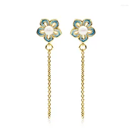Stud Earrings Chinese Style "blue And Exquisite" Flower Tassel High-end Light Luxury Pearl Temperament Long