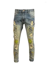 Men's Jeans Retro Make Old Ripped Pu Handsome Stretch Slim Fit High-End Embroidery Scrape Patch Style Motorcycle Trousers