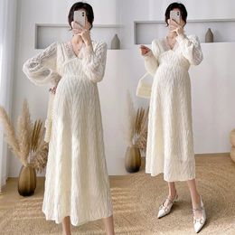 Pregnant Women's Dress 2024 New Autumn Spring Pregnant Women's Patch Work Dress Lace Loose V-neck Pregnant Women's Dress 240111