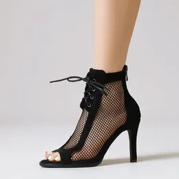 Sandals Fashion Summer Ankle Boots Lace Up Cross-tied Peep Toe Pumps High Heel Zipper StrapNet Surface Hollow Out 2024