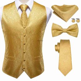 Men's Vests Luxury Gold Mens Vests Silk Red Blue Green Gold Waistcoat Tie Bowtie Hanky Cufflinks Set Male Waist Jacket Wedding Office Hi-TieL240104