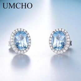 Earrings UMCHO 925 Sterling Silver Jewelry Created Oval Sky Blue Topaz Stud Earrings For Women Anniversary Romantic Gifts Fine Jewelry