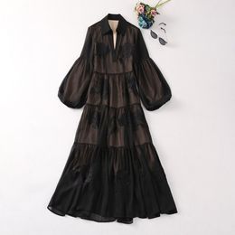 2024 Spring Black Solid Colour Embroidery Dress Long Sleeve V-Neck Midi Casual Dresses A4J09