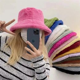 Berets Colourful Plush Cute Bucket Hat For Women Girl Faux Fur Fisherman's Warm Autumn Winter Outdoor Panama Casual Caps Hats