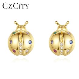 Earrings CZCITY Cute Korea Rainbow CZ Stud Earrings for Women Fine Jewellery 925 Sterling Silver Fashion Ladybug Boucle D'Oreille Femm Gift