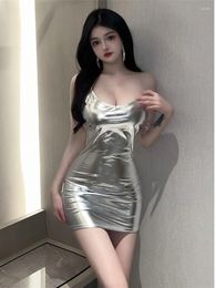 Casual Dresses 2024 Summer Women's Sexy Spicy Girl Temperament Backless Silver Slim Lacquer Leather Wrap Hip Fashion Sling Dress 501R