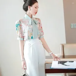 Women's Two Piece Pants Two-Piece Suits Female Summer Printed Chiffon Shirt With Fashionable White Trousers Sets Womrn OL