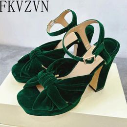 Sandals Sexy Bowknot Peep Toe Platform Chunky High Heels Shoes Woman Ankle Straps Outwear Green Thick Sole Zapatos Mujer