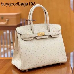 Designer Bag Ostrich Handbags Designers Bags Pure Hand Sewing Wax Thread Skin Womens Real Leather 30 Handbag Luxury Brand Wool White Large