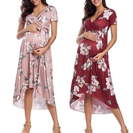 Skirt Women's Faux Wrap Maternity Dress Casual Breastfeeding Clothing Belt Adjustable Large Size Vneck Sexy Print Nursing Dress