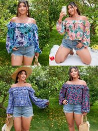 Women's T Shirts European And American Style Large Size Top Blue White Flower Color One Shoulder Summer Versatile Short Long